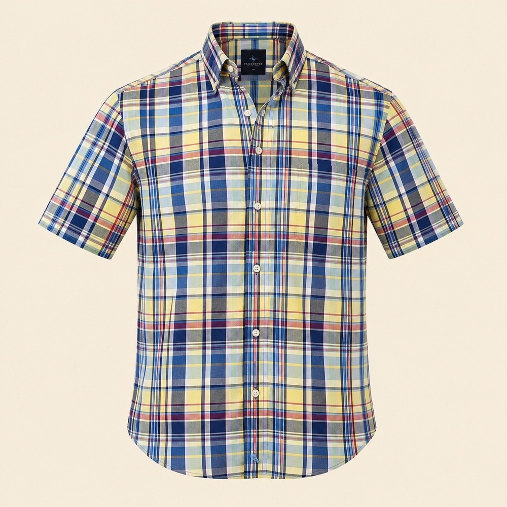 Tailorbyrd Mens Medium Madras Yellow Blue Plaid Short Sleeve Cotton Coastal